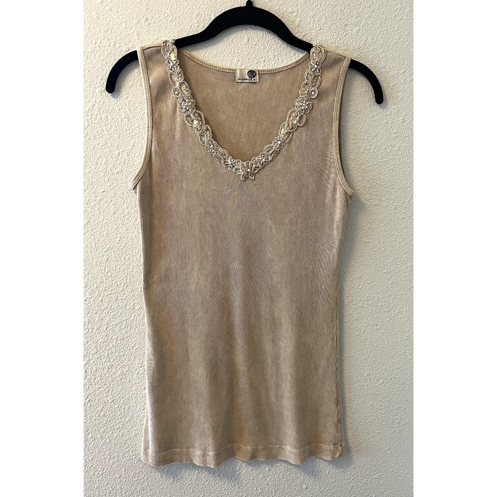 Vintage Y2K One World Ribbed Tank Top Small Beige Beaded Neckline Fairy Boho